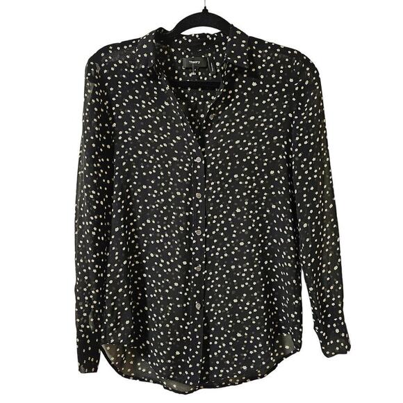 Theory SzP Black 100% Silk w cream dot pattern. Lightweight. Sheer. Career. Work - Picture 1 of 13